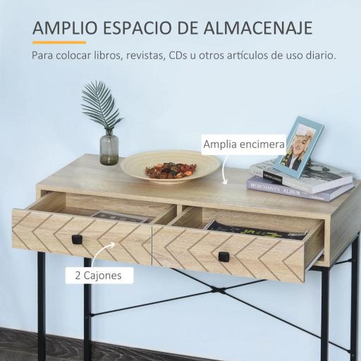 Mesa de Consola 90x35x76 cm Mesa de Entrada con 2 Cajones de Almacenamiento Decorativos y Estructura de Metal para Recibidor Pasillo Salón Color Natural [3]