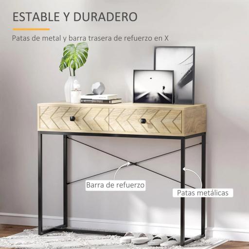 Mesa de Consola 90x35x76 cm Mesa de Entrada con 2 Cajones de Almacenamiento Decorativos y Estructura de Metal para Recibidor Pasillo Salón Color Natural [6]