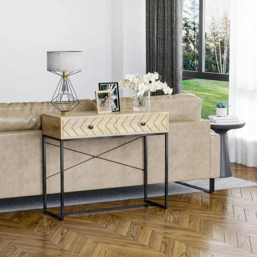 Mesa de Consola 90x35x76 cm Mesa de Entrada con 2 Cajones de Almacenamiento Decorativos y Estructura de Metal para Recibidor Pasillo Salón Color Natural [7]