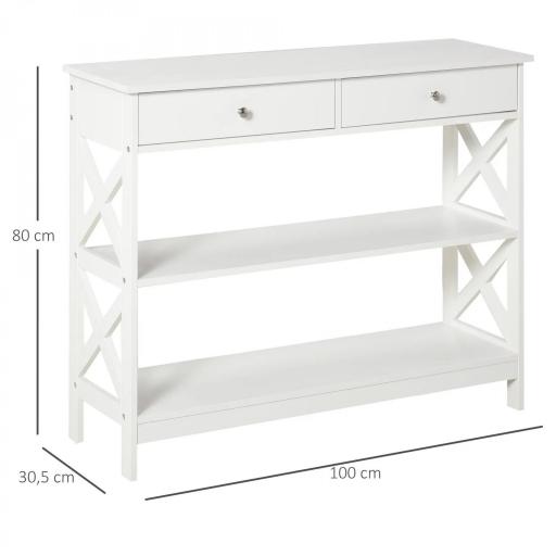 Mesa Consola de Entrada Recibidor con 2 Cajones y 2 Estantes Inferiores Mueble Moderno Base Elevada Antivuelco 100x30,5x80 cm Blanco [1]