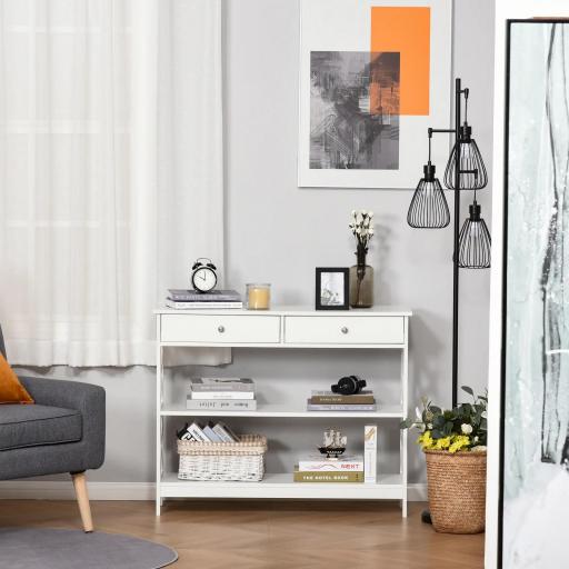 Mesa Consola de Entrada Recibidor con 2 Cajones y 2 Estantes Inferiores Mueble Moderno Base Elevada Antivuelco 100x30,5x80 cm Blanco [5]