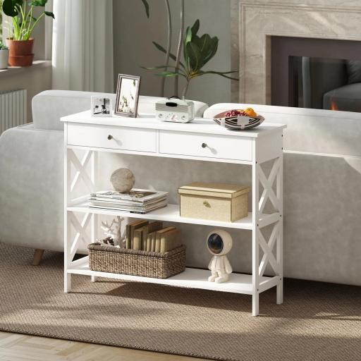 Mesa Consola de Entrada Recibidor con 2 Cajones y 2 Estantes Inferiores Mueble Moderno Base Elevada Antivuelco 100x30,5x80 cm Blanco [2]