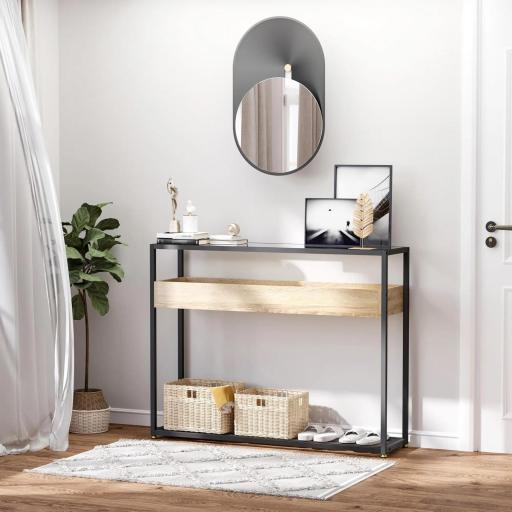 Mesa Consola de Entrada 108x28x85 cm Mueble Recibidor con Encimera de Cristal Estante y Rejilla Inferior Marco de Acero para Pasillo Salón Extremo del Sofá Negro [4]