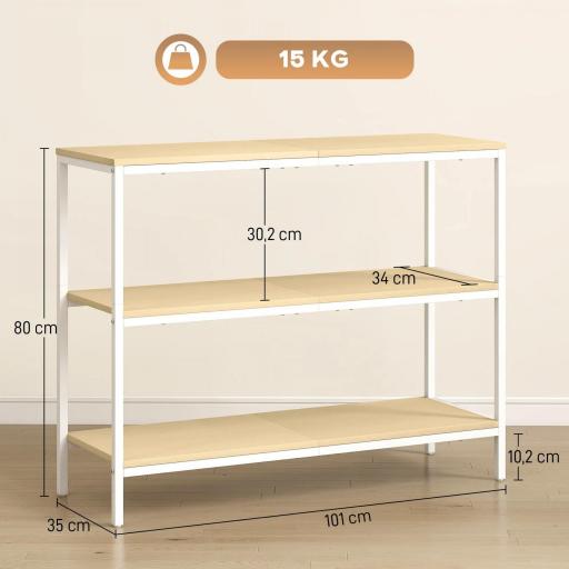 Consola de Recibidor con 3 Estantes Abiertos y Patas de Metal para Pasillo Entrada Salón Dormitorio Natural y Blanco [1]