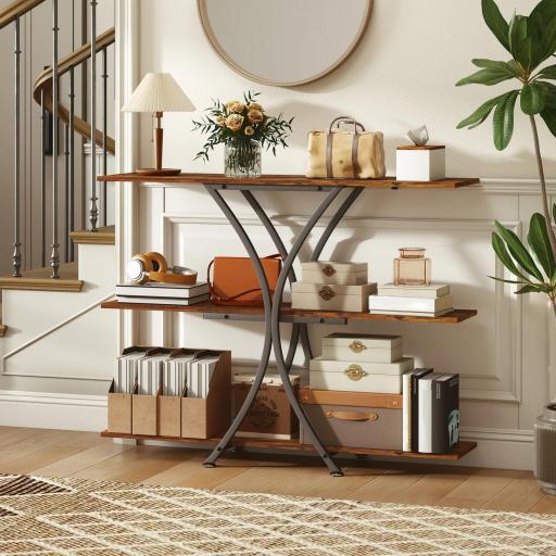 Mesa de Consola Mesa de Sofá con 2 Estantes Abiertos y Marco Metálico en X Estilo Industrial Marrón Rústico