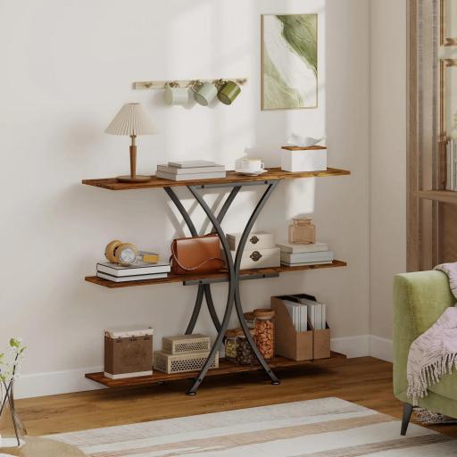 Mesa de Consola Mesa de Sofá con 2 Estantes Abiertos y Marco Metálico en X Estilo Industrial Marrón Rústico [2]