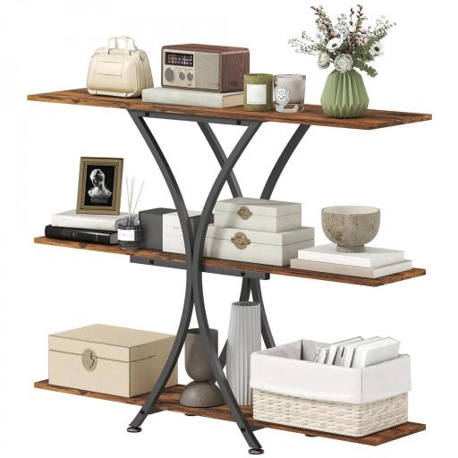 Mesa de Consola Mesa de Sofá con 2 Estantes Abiertos y Marco Metálico en X Estilo Industrial Marrón Rústico [9]