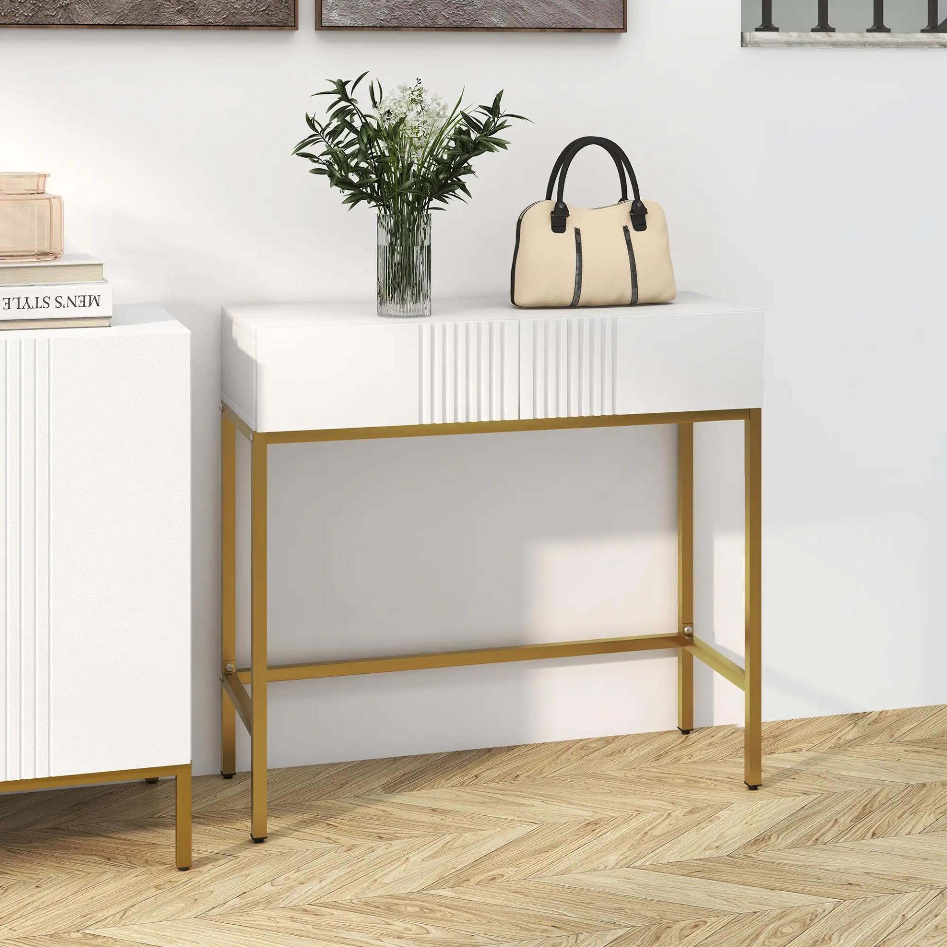 Mesa de Entrada con 2 Cajones y Patas de Acero Antivuelco Mueble de Recibidor para Salón Pasillo 80x31,5x75 cm Blanco