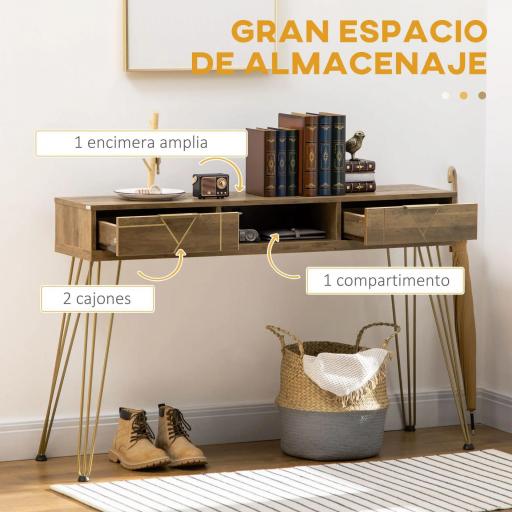 Consola Mueble Recibidor de Entrada con 2 Cajones Estante Abierto y Patas de Acero 120x29x79 cm Madera y Bronce [4]