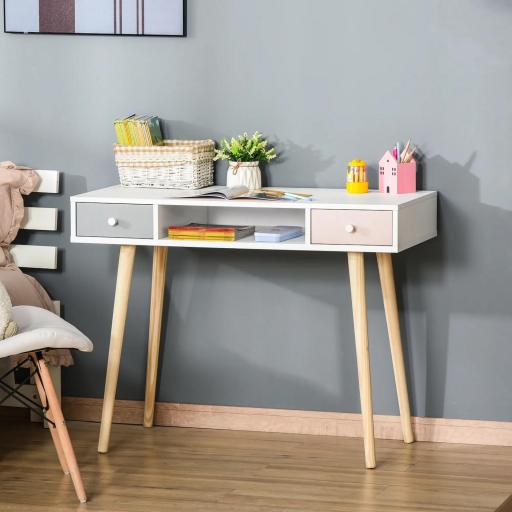 Mesa de Escritorio Infantil Mesa Consola con 1 Compartimento Abierto y 2 Cajones Estilo Nórdico para Estudio Entrada Dormitorio 100x48x76,5 cm Multicolor