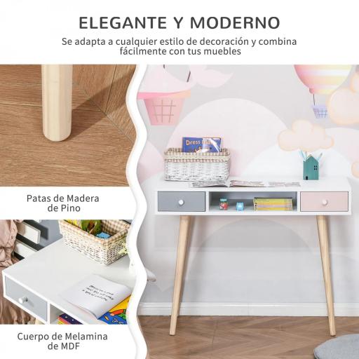 Mesa de Escritorio Infantil Mesa Consola con 1 Compartimento Abierto y 2 Cajones Estilo Nórdico para Estudio Entrada Dormitorio 100x48x76,5 cm Multicolor [4]