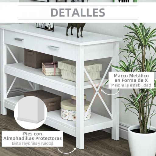 Mesa Consola Mesa de Recibidor Entrada con 2 Cajones y Estantes Inferiores Marco Metálico 105x40x76 cm Blanco [5]