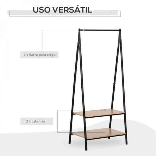 Perchero de Ropa Perchero de Pie con 2 Estantes de Almacenamiento Barra para Colgar y Marco de Acero 64x42,5x149cm Negro [2]