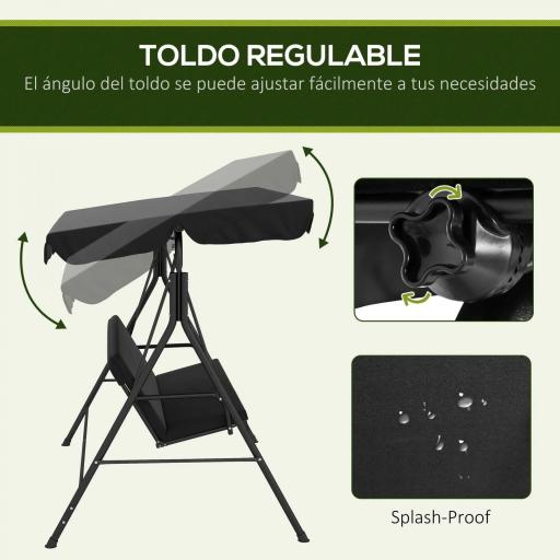 Balancín de Jardín Exterior Columpio de 3 Plazas con Toldo Ajustable y Marco de Acero para Terraza 172x110x153 cm Negro [2]