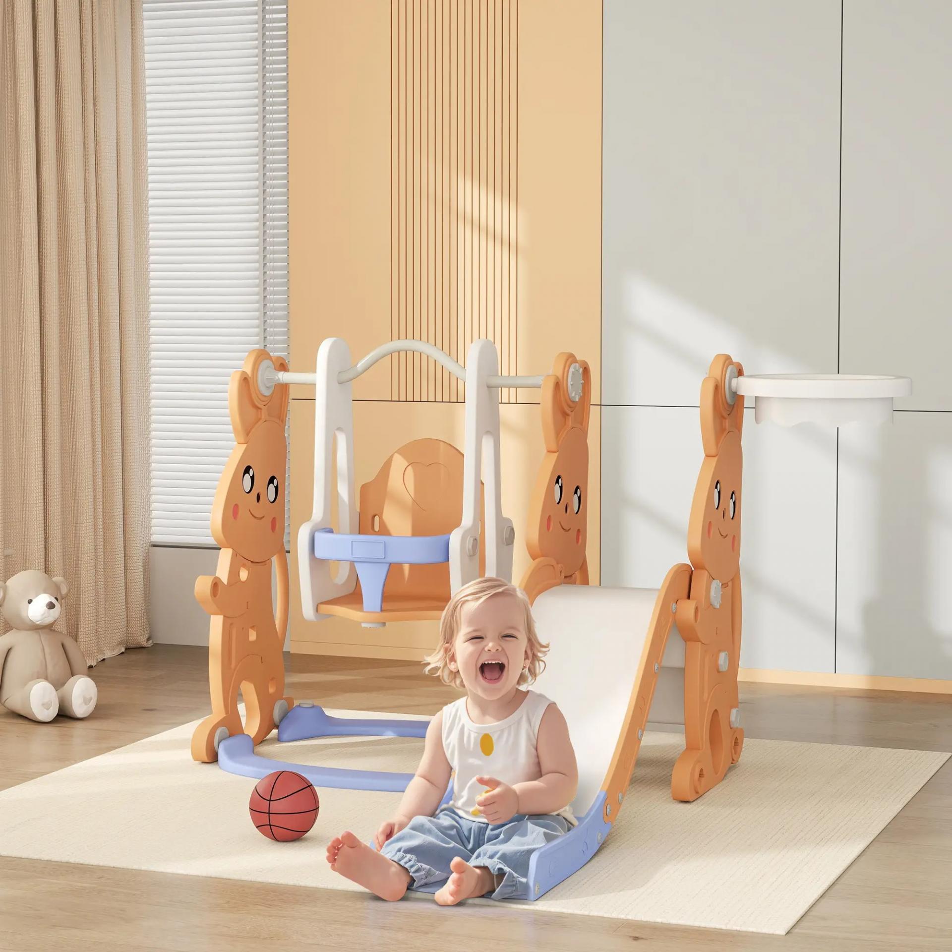 Tobogán Infantil con Columpio con Barandilla y Canasta 4 en 1 para Niños de +18 Meses 147,5x160x107 cm Naranja