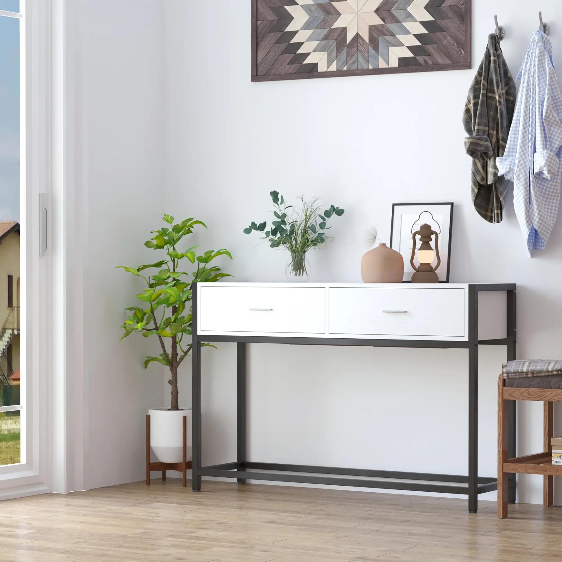 Mesa de Entrada con 2 Cajones y Pies Ajustables Estilo Moderno para Pasillo Salón 120x34x81 cm Blanco y Negro