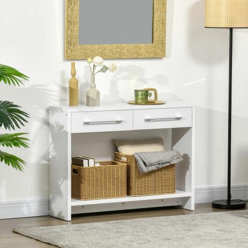 Mueble Recibidor de Entrada Mesa Consola con 2 Cajones y Estante para Pasillo Salón 101,6x28x76,2 cm Blanco [0]