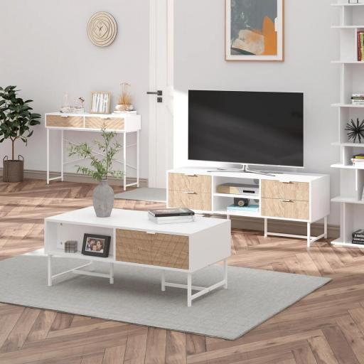 Mesa de Consola Estrecha con 2 Cajones Diseño de Líneas Talladas Estilo Moderna Blanco y Roble [3]