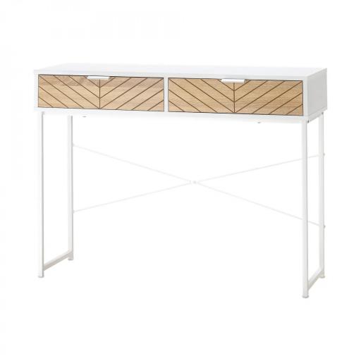 Mesa de Consola Estrecha con 2 Cajones Diseño de Líneas Talladas Estilo Moderna Blanco y Roble [7]