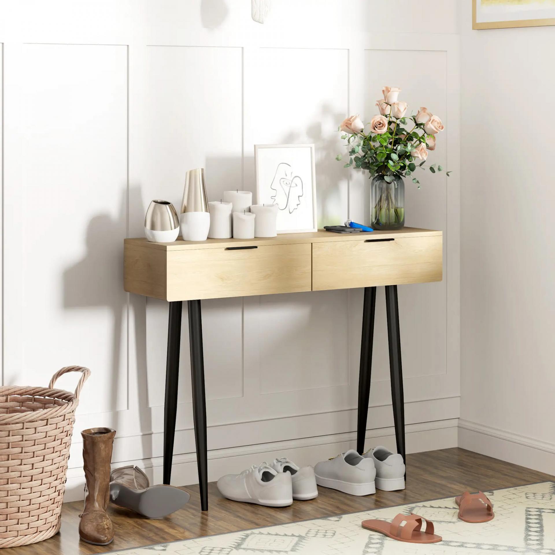 Mueble para Recibidor con 2 Cajones y Patas de Acero para Recibidor Entrada Pasillo 100x30x80,5 cm Roble