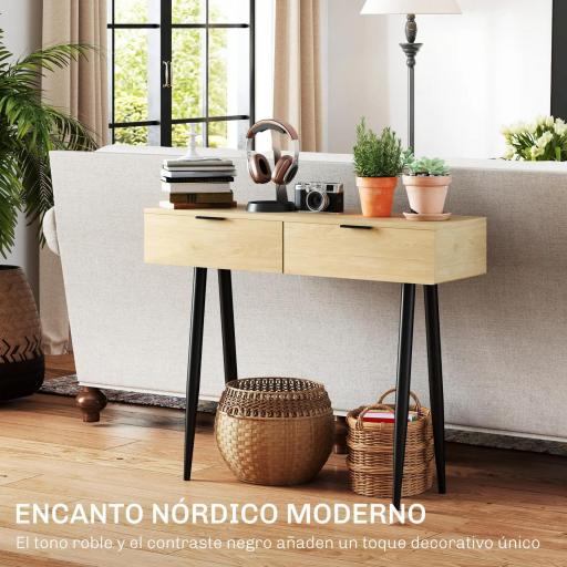 Mueble para Recibidor con 2 Cajones y Patas de Acero para Recibidor Entrada Pasillo 100x30x80,5 cm Roble [3]