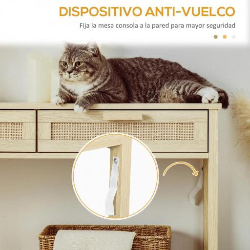 Mesa Consola Mesa de Entrada con 2 Cajones de la Superficie de Ratán y Estante Inferior para Pasillo Salón Dormitorio de Estilo Rústico 100x30x76 cm Natural [3]