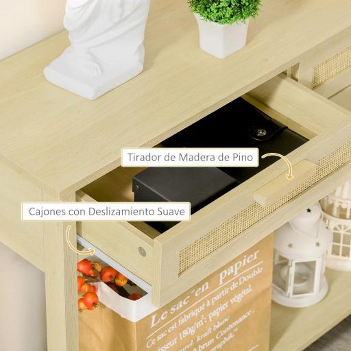 Mesa Consola Mesa de Entrada con 2 Cajones de la Superficie de Ratán y Estante Inferior para Pasillo Salón Dormitorio de Estilo Rústico 100x30x76 cm Natural [5]