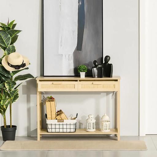 Mesa Consola Mesa de Entrada con 2 Cajones de la Superficie de Ratán y Estante Inferior para Pasillo Salón Dormitorio de Estilo Rústico 100x30x76 cm Natural [4]