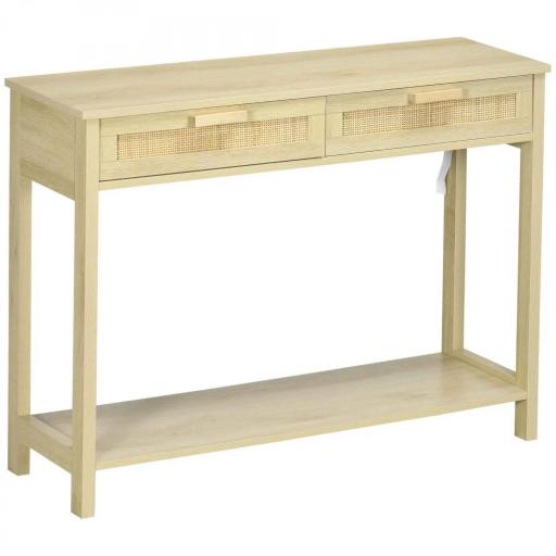Mesa Consola Mesa de Entrada con 2 Cajones de la Superficie de Ratán y Estante Inferior para Pasillo Salón Dormitorio de Estilo Rústico 100x30x76 cm Natural [9]