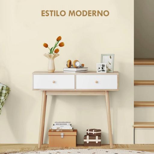 Mesa Consola con 2 Cajones Diseño Moderno en Roble y Blanco para Entrada Salón o Pasillo 86x35x75 cm [2]
