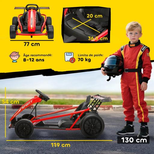 Coche eléctrico GoKart kart eléctrico para niños 2 x 24 V motores modo derrape a 13 km/h 119 x 77 x 54 cm rojo [3]