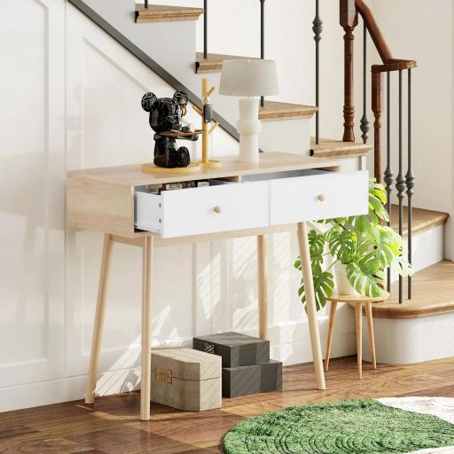 Mesa Consola con 2 Cajones Diseño Moderno en Roble y Blanco para Entrada Salón o Pasillo 86x35x75 cm [4]