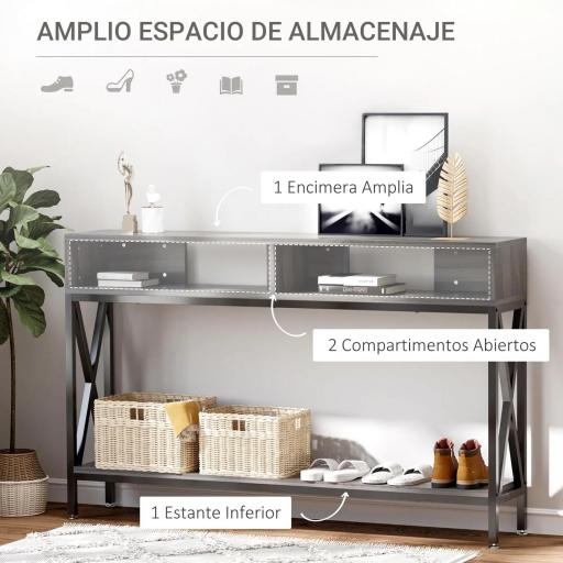 Mesa Consola Estilo Industrial Vintage con 3 Estantes y Marco Metálico para Entrada Pasillo 120x23,5x75 cm Gris y Negro [2]