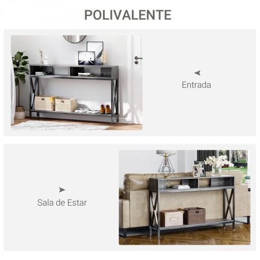 Mesa Consola Estilo Industrial Vintage con 3 Estantes y Marco Metálico para Entrada Pasillo 120x23,5x75 cm Gris y Negro [3]