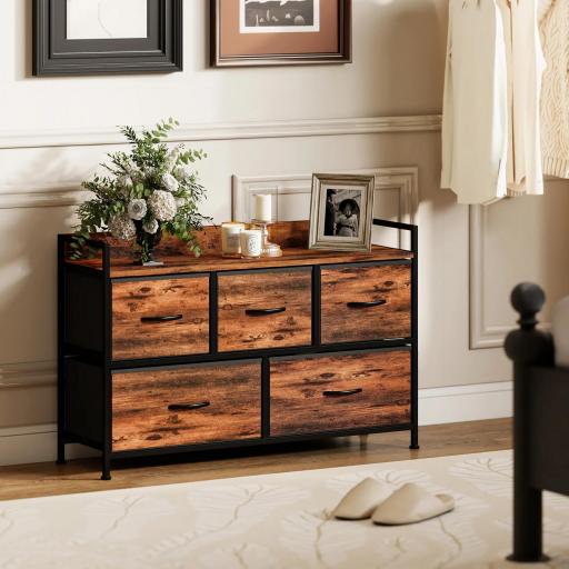 Cajonera de Tela con 5 Cajones y Marco Metálico Estilo Industrial para Salón Recibidor 98x29x63 cm Marrón Rústico