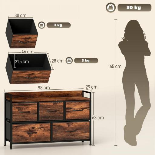 Cajonera de Tela con 5 Cajones y Marco Metálico Estilo Industrial para Salón Recibidor 98x29x63 cm Marrón Rústico [1]