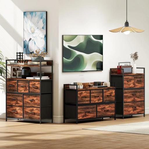 Cajonera de Tela con 5 Cajones y Marco Metálico Estilo Industrial para Salón Recibidor 98x29x63 cm Marrón Rústico [4]