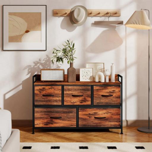 Cajonera de Tela con 5 Cajones y Marco Metálico Estilo Industrial para Salón Recibidor 98x29x63 cm Marrón Rústico [3]