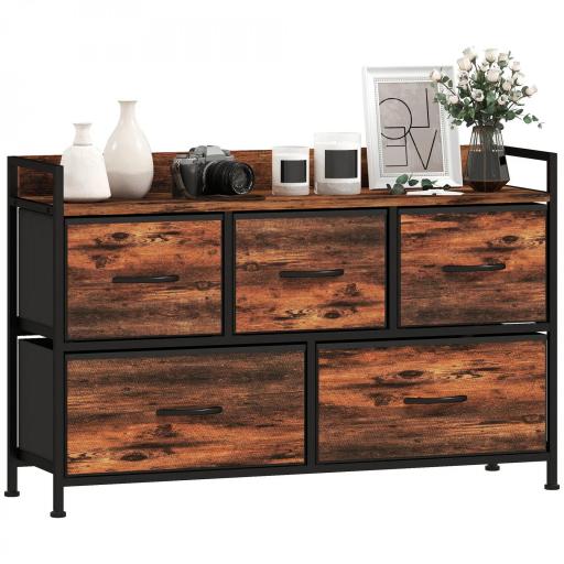 Cajonera de Tela con 5 Cajones y Marco Metálico Estilo Industrial para Salón Recibidor 98x29x63 cm Marrón Rústico [8]