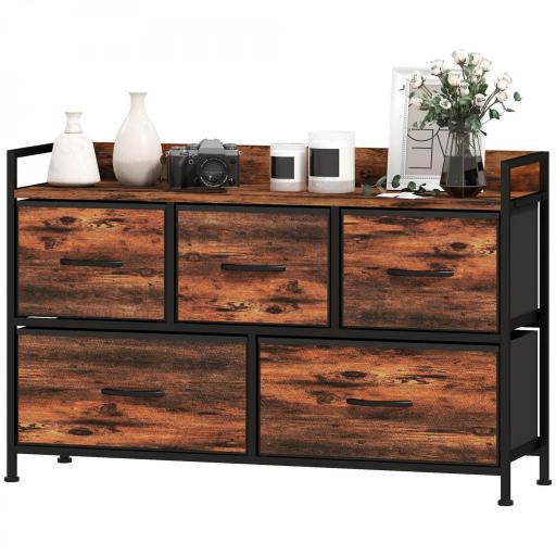 Cajonera de Tela con 5 Cajones y Marco Metálico Estilo Industrial para Salón Recibidor 98x29x63 cm Marrón Rústico [9]