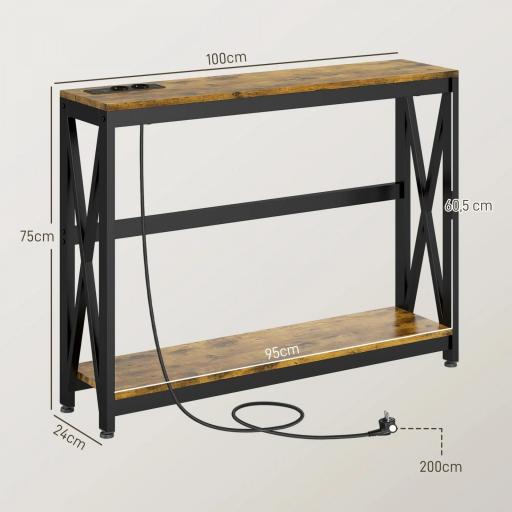 Mesa de Entrada de 2 Niveles con Estación de Carga 2 USB y Marco de Acero Mueble de Recibidor 100x24x75cm Marrón Rústico [4]