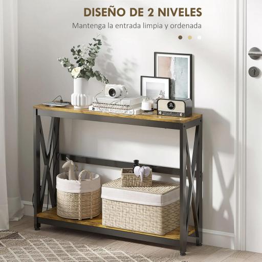 Mesa de Entrada de 2 Niveles con Estación de Carga 2 USB y Marco de Acero Mueble de Recibidor 100x24x75cm Marrón Rústico [6]