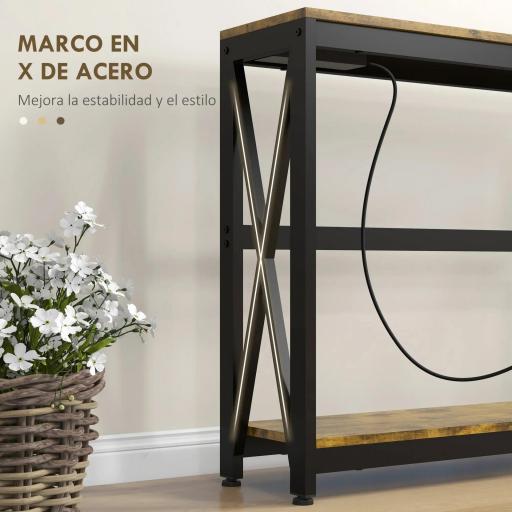 Mesa de Entrada de 2 Niveles con Estación de Carga 2 USB y Marco de Acero Mueble de Recibidor 100x24x75cm Marrón Rústico [1]