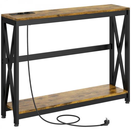 Mesa de Entrada de 2 Niveles con Estación de Carga 2 USB y Marco de Acero Mueble de Recibidor 100x24x75cm Marrón Rústico [9]