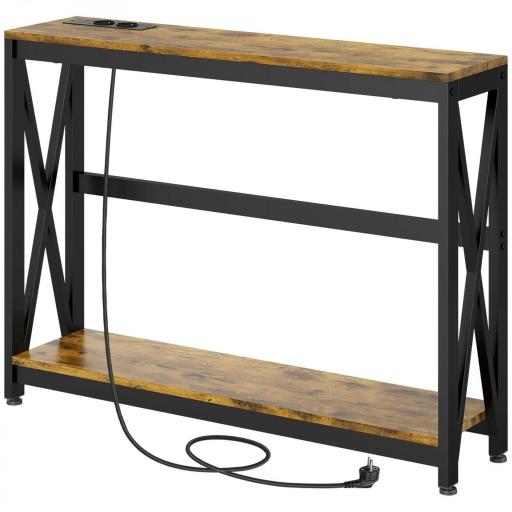 Mesa de Entrada de 2 Niveles con Estación de Carga 2 USB y Marco de Acero Mueble de Recibidor 100x24x75cm Marrón Rústico [8]