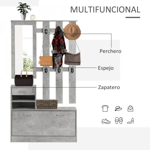 Recibidor de Entrada con Espejo Perchero y Zapatero Mueble de Recibidor de 2 Piezas con 6 Ganchos Estantes y Cajón Abatible para Pasillo Gris [5]