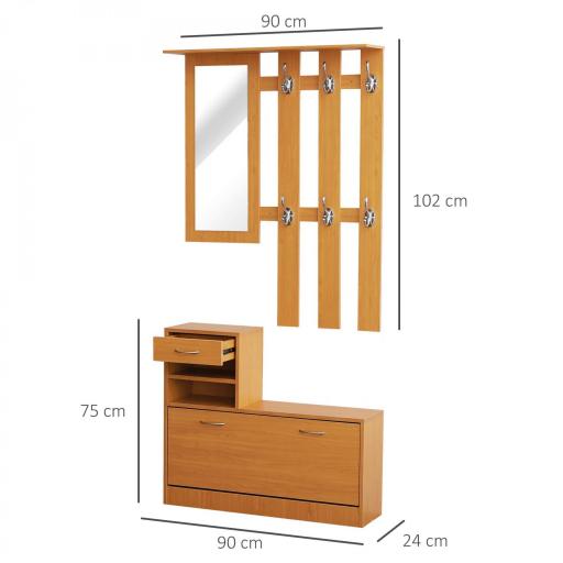 Recibidor de Entrada con Espejo Perchero y Zapatero Mueble de Recibidor de 2 Piezas con 6 Ganchos Estantes y Cajón Abatible para Pasillo Madera Marrón [1]