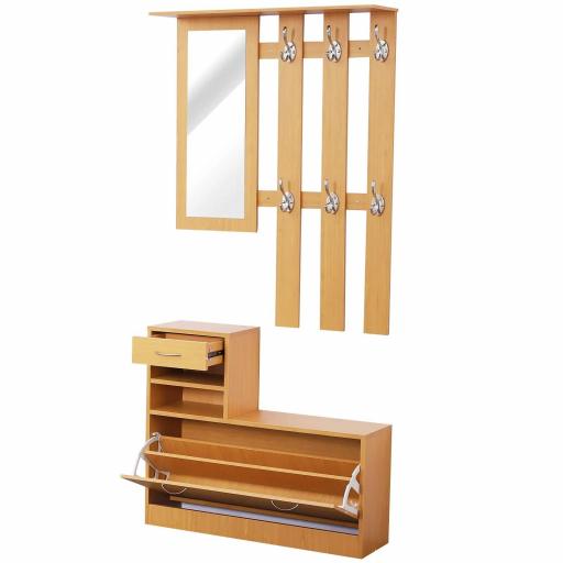 Recibidor de Entrada con Espejo Perchero y Zapatero Mueble de Recibidor de 2 Piezas con 6 Ganchos Estantes y Cajón Abatible para Pasillo Madera Marrón [9]