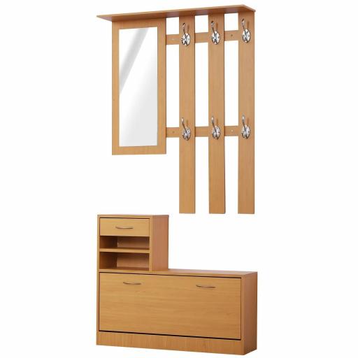 Recibidor de Entrada con Espejo Perchero y Zapatero Mueble de Recibidor de 2 Piezas con 6 Ganchos Estantes y Cajón Abatible para Pasillo Madera Marrón [8]