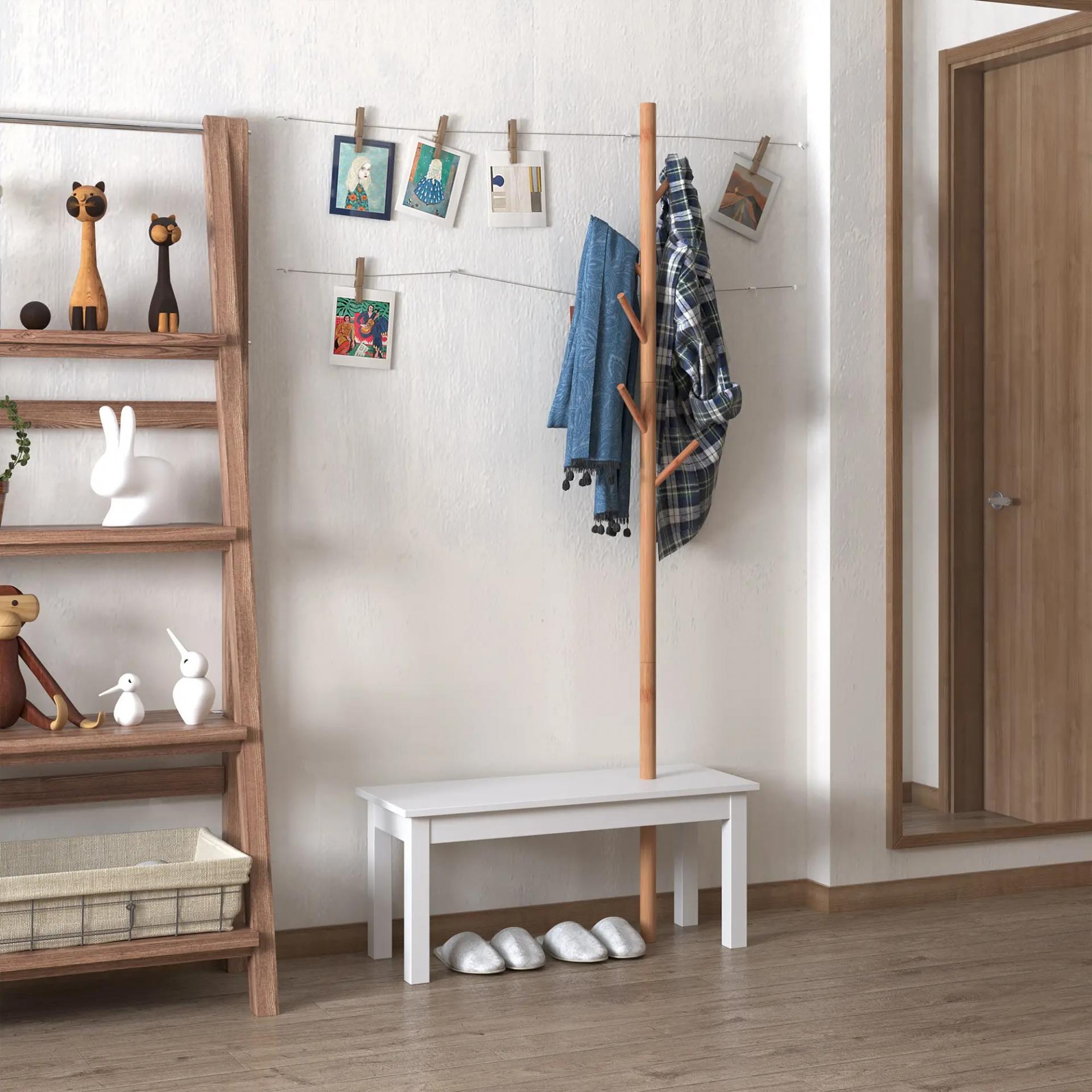 Perchero de Pie con Banco Colgador Tipo Árbol Moderno 6 Ganchos para Colgar Ropa Bolsa Pasillo Entrada Bambú y MDF 80x30x180cm